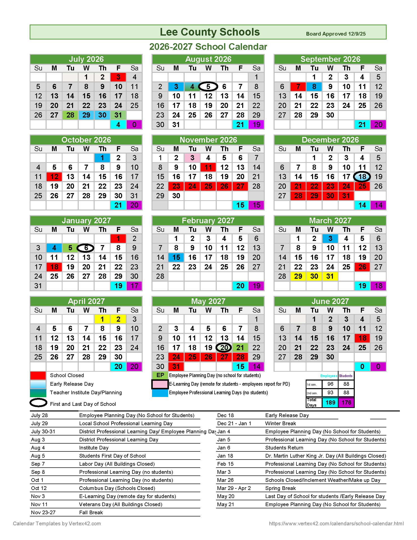 2026-2027 Board Approved Calendar